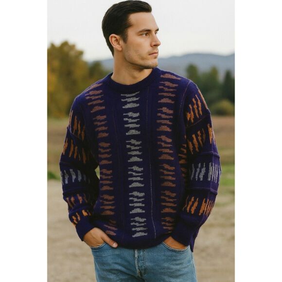 K. Cosa 3D Textured Knit Crewneck Sweater Mens Size L  VTG 90s Mod Pullover - Picture 1 of 13